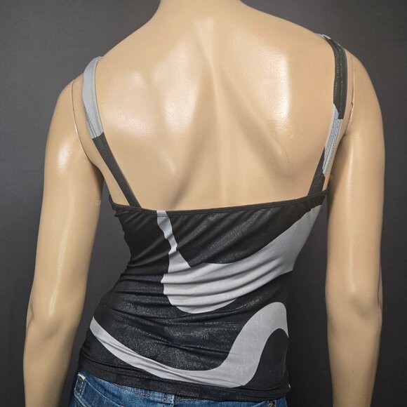 Y2K McBling Black Gray Tank Top Gold Glitter Swirl Print Size M Ruched V Neck - Picture 7 of 8